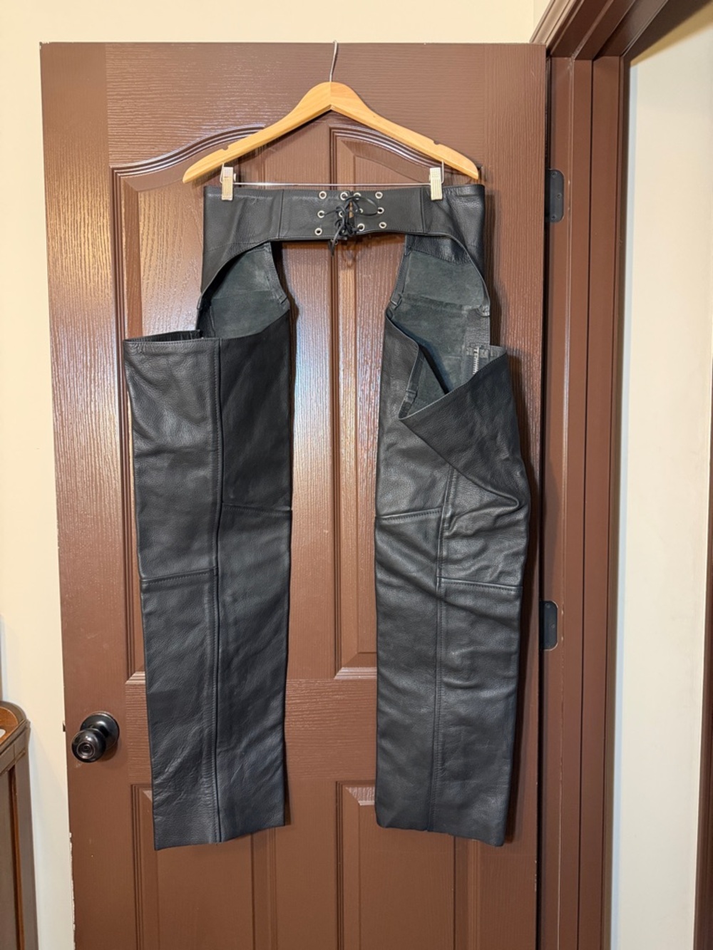 Men's Black Leather Chaps with Lace-Up Waist